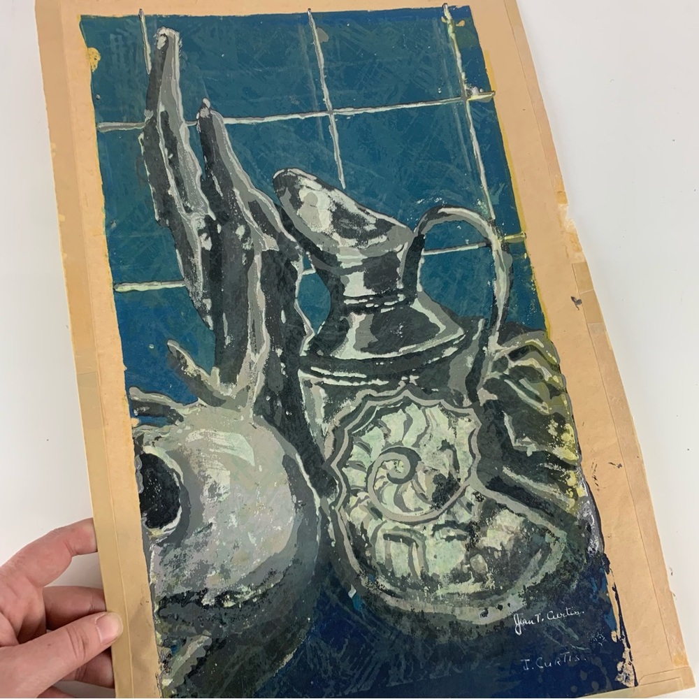 Vintage MCM Original Silk Screen Still Life W Shell Pitcher Signed Jean Curtis